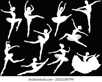 illustration with ballet dancer silhouettes isolated on black background