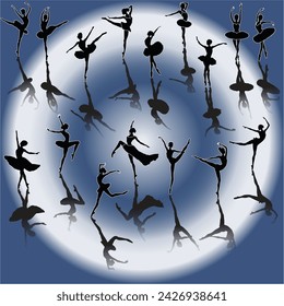 illustration with ballet dancer silhouettes on blue background