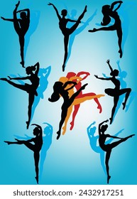 illustration with ballet dancer silhouettes on blue background