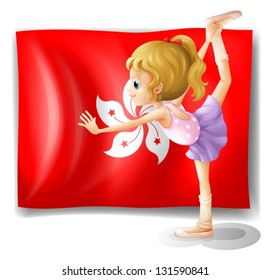 Illustration of a ballet performer in front of the flag of Hongkong on a white background