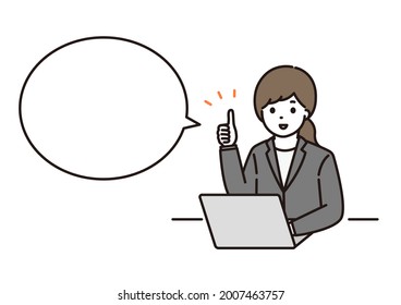 Illustration of a balloon, a business woman who smiles and gives a good sign in front of a laptop computer