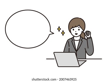 Illustration of a balloon, a business woman who smiles and makes a guts pose in front of a laptop computer
