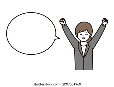 Illustration of a balloon, a business woman who makes a guts pose with a smile