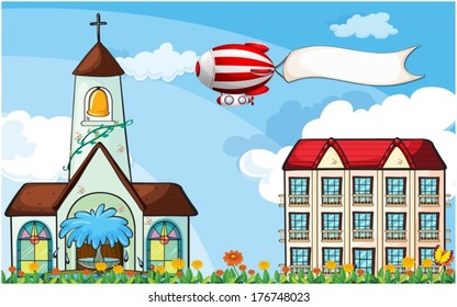 Illustration of a balloon with an empty banner flying near the church