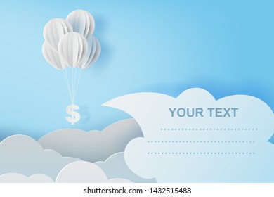 illustration of balloon fly with dollar sign on blue sky. Business and management concept idea.Creative design paper cut and craft style scene for your text.By pastel color.Financial exchange.vector