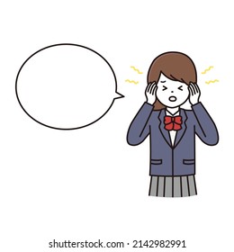 Illustration with a balloon of a high school girl in school uniform suffering from tinnitus and headache