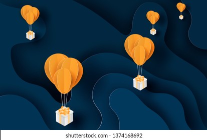 illustration of balloon yellow floating and Gift Box on in the air night blue sky.Your text space background vector.Festival decorations for card and cover concept.Paper cut and craft.Christmas.vector