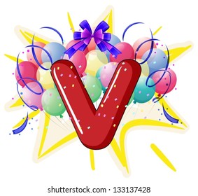 Illustration of balloons and celebration behind letter