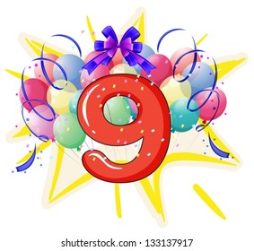 Illustration of balloons and celebration behind letter