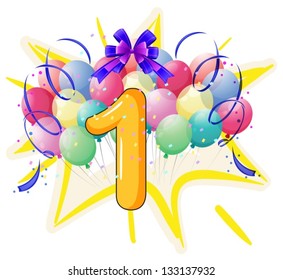 Illustration of balloons and celebration behind letter