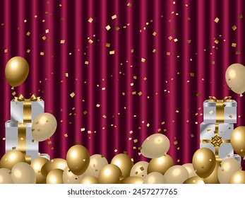 Illustration of balloons, curtains and gift boxes
