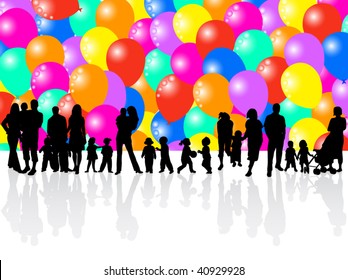 Illustration of balloons and families