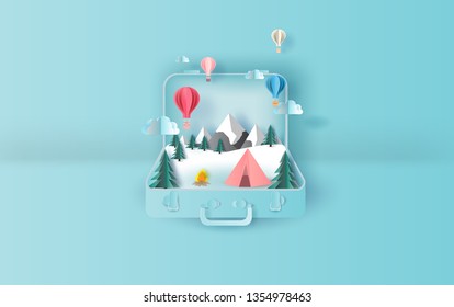 illustration of balloons floating Travel holiday tent camping trip winter suitcase concept.Graphic for snowfall  winter season paper cut and craft style.Creative design idea for Christmas day. vector.