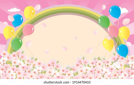 It is an illustration of balloons flying over the cherry blossoms in spring 