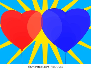 Illustration, balloons in the form of heart against the blue sky with the sun.