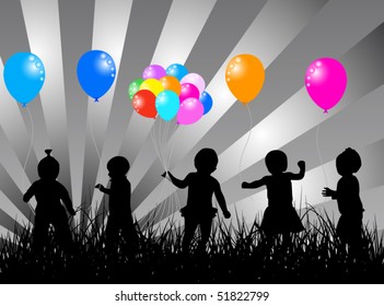 Illustration of balloons and kids on the grass