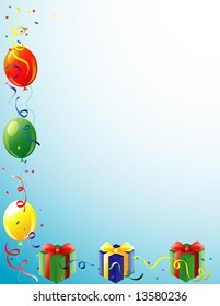 Illustration of balloons, presents and confetti border.