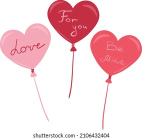 Illustration of balloons in the shape of a heart with inscriptions for the Valentine's Day holiday. Vector image in a flat style