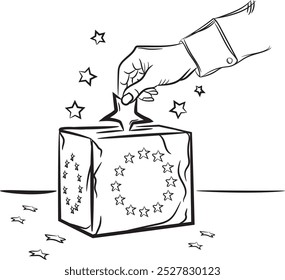 Illustration of a ballot box with an EU flag and a hand inserting a star into the ballot box, EU election background	