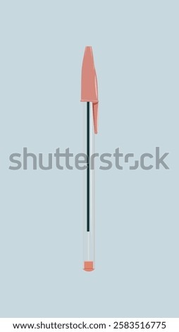 Illustration of a ballpoint pen with a pink cap and transparent body on a light blue background. The pen is centered and vertically aligned. Minimalist pen design. Aesthetic vector illustration.