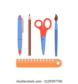 Ilustración de un bolígrafo, tijeras, lápices, regla, clips de papel. Conjunto de vectores de material de oficina sobre un fondo blanco. Ilustración plana del conjunto de escuelas, suministros de oficina. 