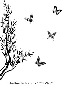 illustration with bamboo and butterflies on white background