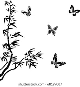 illustration with bamboo and butterflies on white background