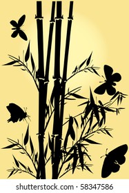 illustration with bamboo and butterflies on yellow background