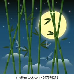 illustration with bamboo and dragonflies on the night sky background with moon, stars and clouds for use in design for card, invitation, poster, banner, placard or billboard cover