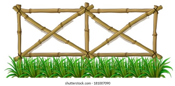 Illustration of a bamboo fence with grass on a white background