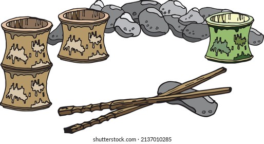 Illustration of a bamboo food set on a white background. Bamboo, bamboo cups, bamboo sticks, ready to use, eps. For your design