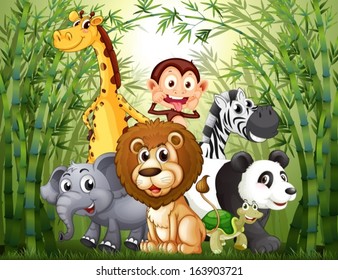 Illustration of a bamboo forest with many animals