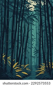 Illustration of a bamboo grove in dark tones. Bamboo. Drawn bamboo.