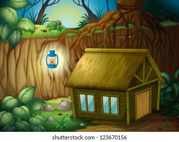 Illustration of a bamboo house and a lamp in a beautiful forest