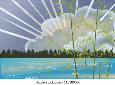 illustration with  bamboo near lake