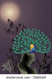 illustration with bamboo and peacock on grey background