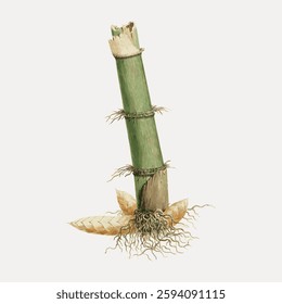 Illustration of a bamboo stalk with roots and leaves. Bamboo stalk depicted in green with detailed roots. Bamboo leaves add natural texture to the stalk. Vintage bird illustration vector.