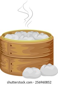 Illustration of a Bamboo Steamer Filled With Steaming Hot Meat Buns	