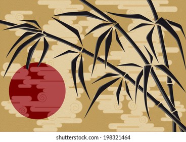 Illustration of a bamboo and the sun in the sky with clouds.