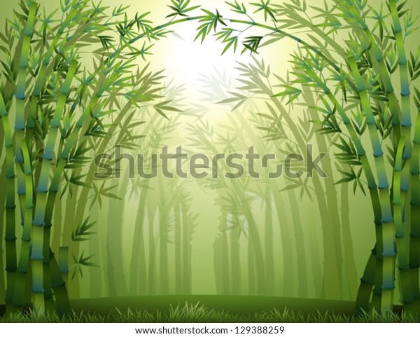 Illustration of realistic natural bamboo trees inside the forest. Wallpaper for walls.