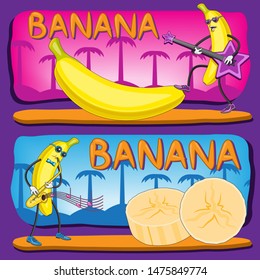 Illustration of a banana character fruit sliced guitar saxophone music notes palm tree isolated on purple background. Banner paper fabric printing design. Vector image. eps 10