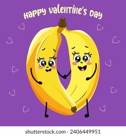 Illustration banana character, symmetrical pattern of drawn hearts, banana, childish