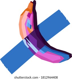 Illustration of Banana duct taped to a white wall,In pop art style