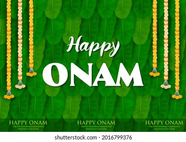 illustration of Banana Leaves and flower toran decoration in celebration background for Happy Onam festival of South India Kerala