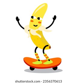 Illustration banana on skateboard. Cute happy  banana character playing skateboard. Banana riding on skateboard, cartoon funny fruit vector Illustration