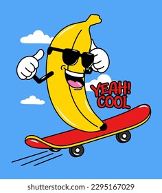 ILLUSTRATION BANANA ON SKATEBOARD WITH SUNGLASSES