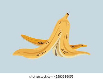 Illustration of a banana peel on a light blue background. The banana peel is yellow with brown spots. Simple banana peel design, isolated banana peel. Aesthetic vector illustration.