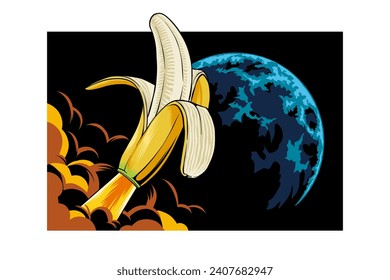 illustration of a banana rocket in space