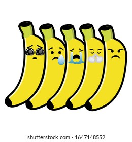 Illustration von Bananen-Zeichen in einem anderen Ausdruck, flaches Design auf weißem Hintergrund