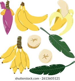 Illustration of Bananas with Leaves and Slices in Vibrant Colors. Colorful depiction of bananas with blossoms, leaves, and slices, showcasing a tropical theme and vibrant aesthetic. 
